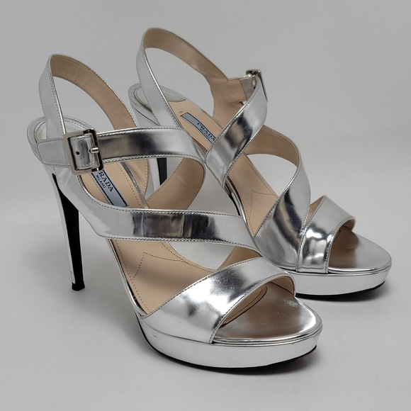 Prada Metallic Silver Platform Slingeback Strappy Straps Heel Sandals Size 39.5 - Picture 1 of 16